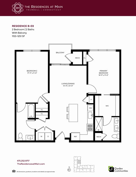 Floor plan for 2 beds, 2 baths, 1237 sqft